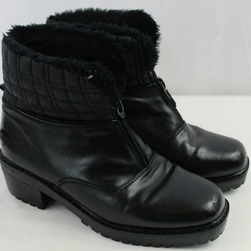 Totes Puffin Black Faux Leather Quilted Fur Lined Ankle Boots Size 7